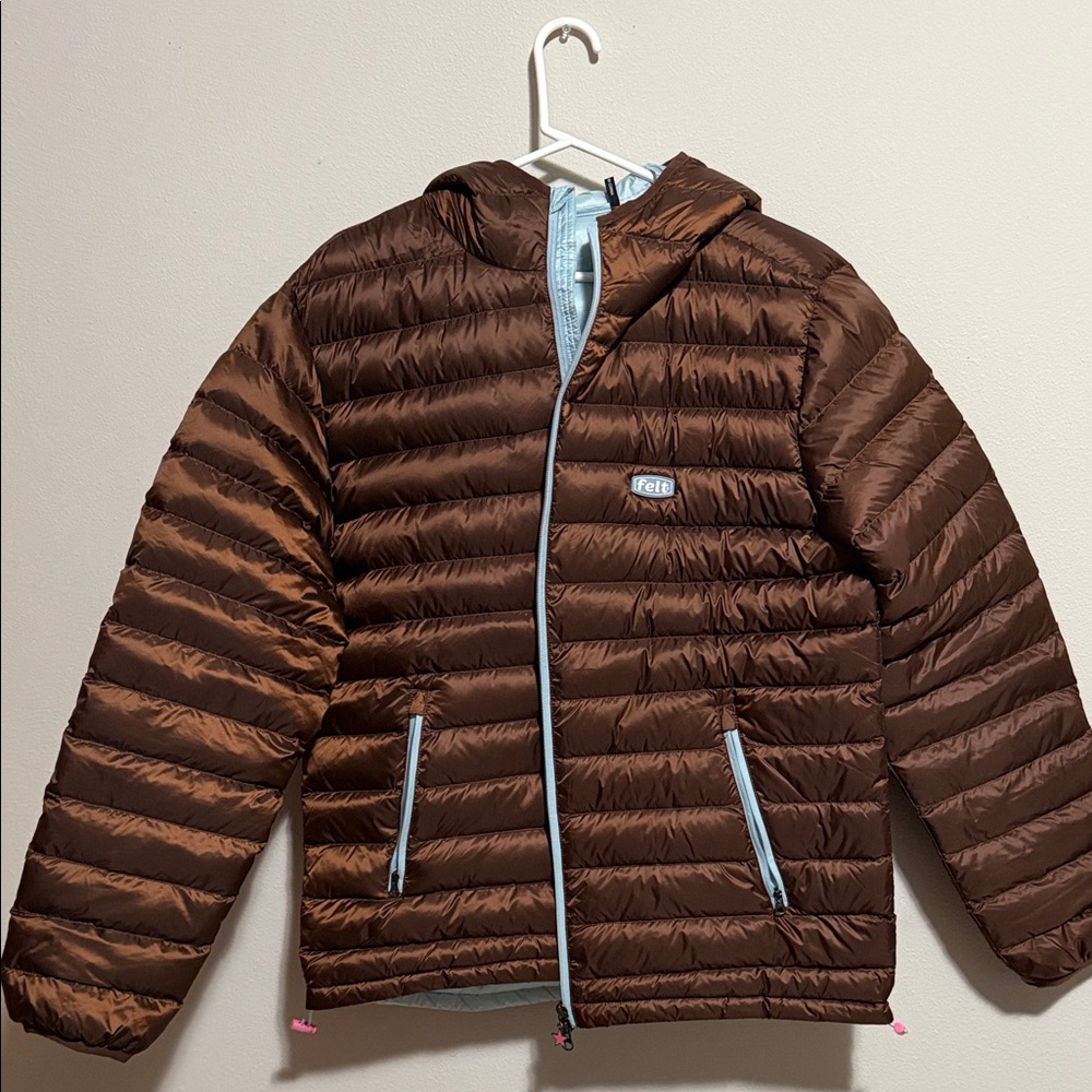 Brown and blue Felt puffer jacket NWOT